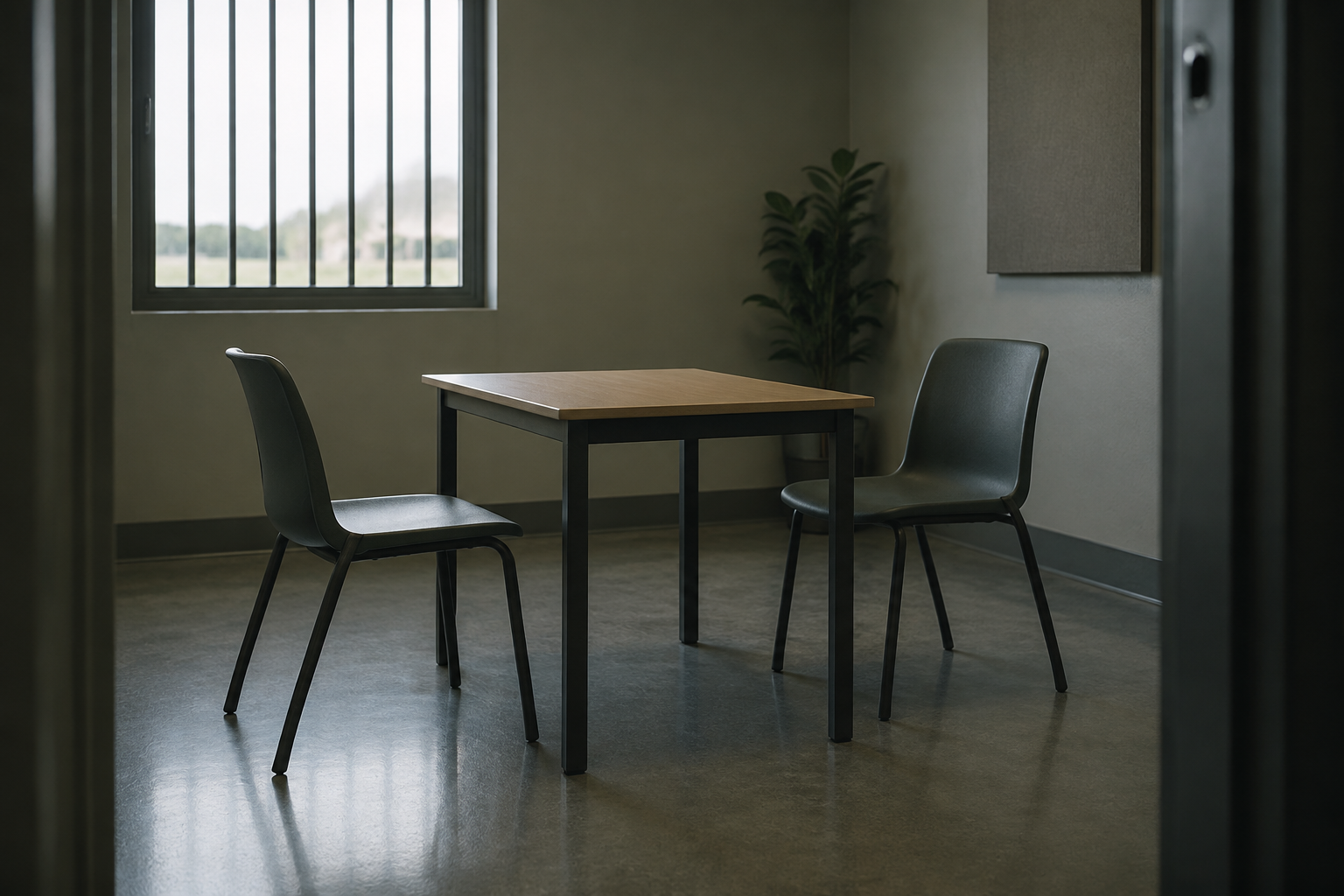 AI-illustration av ett enkelt, tomt besöksrum med två stolar och ett bord; ingen verklig anstalt avbildas.