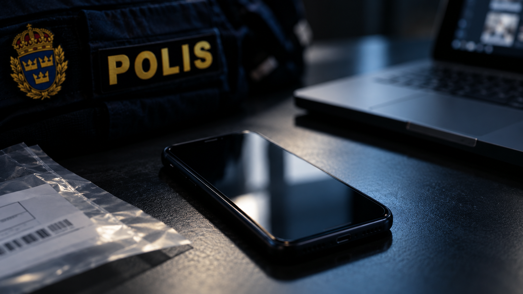 Mobiltelefon på ett mörkt skrivbord intill en dator och svensk polisutrustning. Illustrationsbild om digital bevisning och polisens befogenheter.