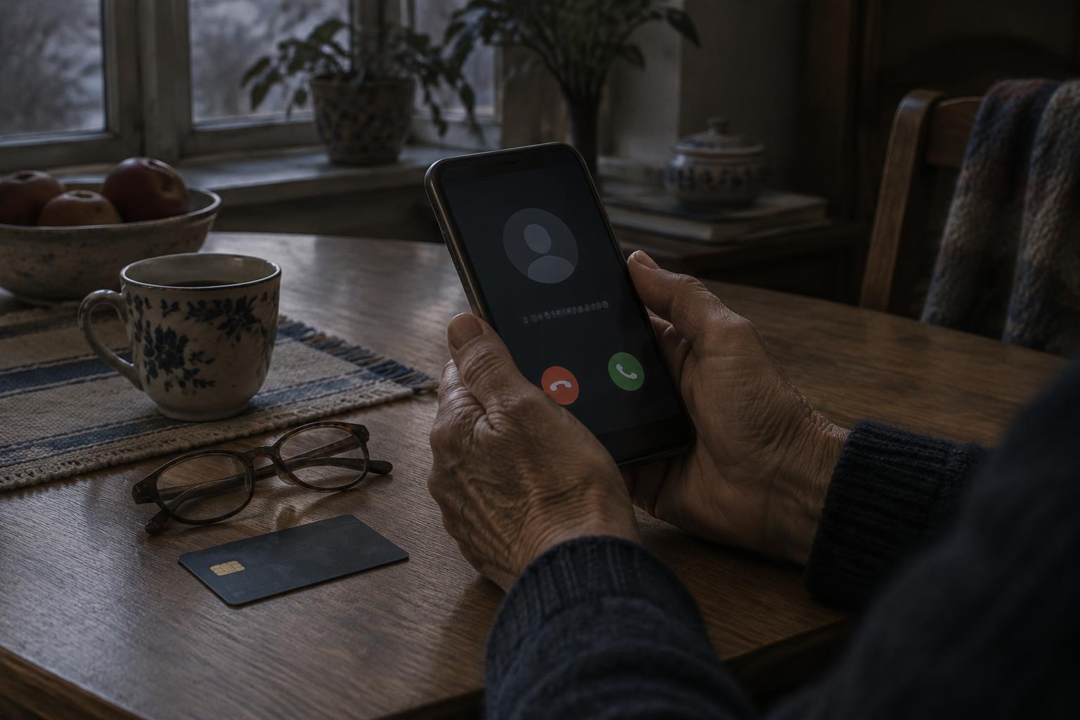 Illustration: äldre persons händer håller en mobiltelefon med inkommande samtal från okänt nummer, bredvid ett bankkort