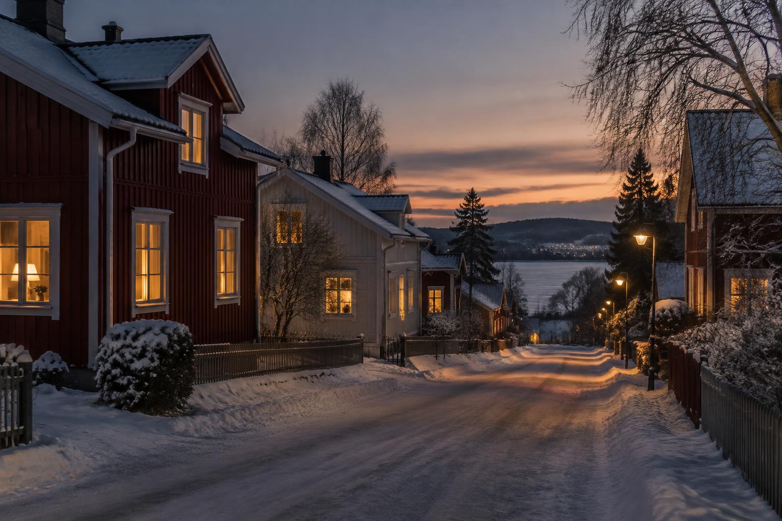 Illustration: lugn bostadsgata i en norrländsk småstad i skymningen med tända gatlampor och fönster
